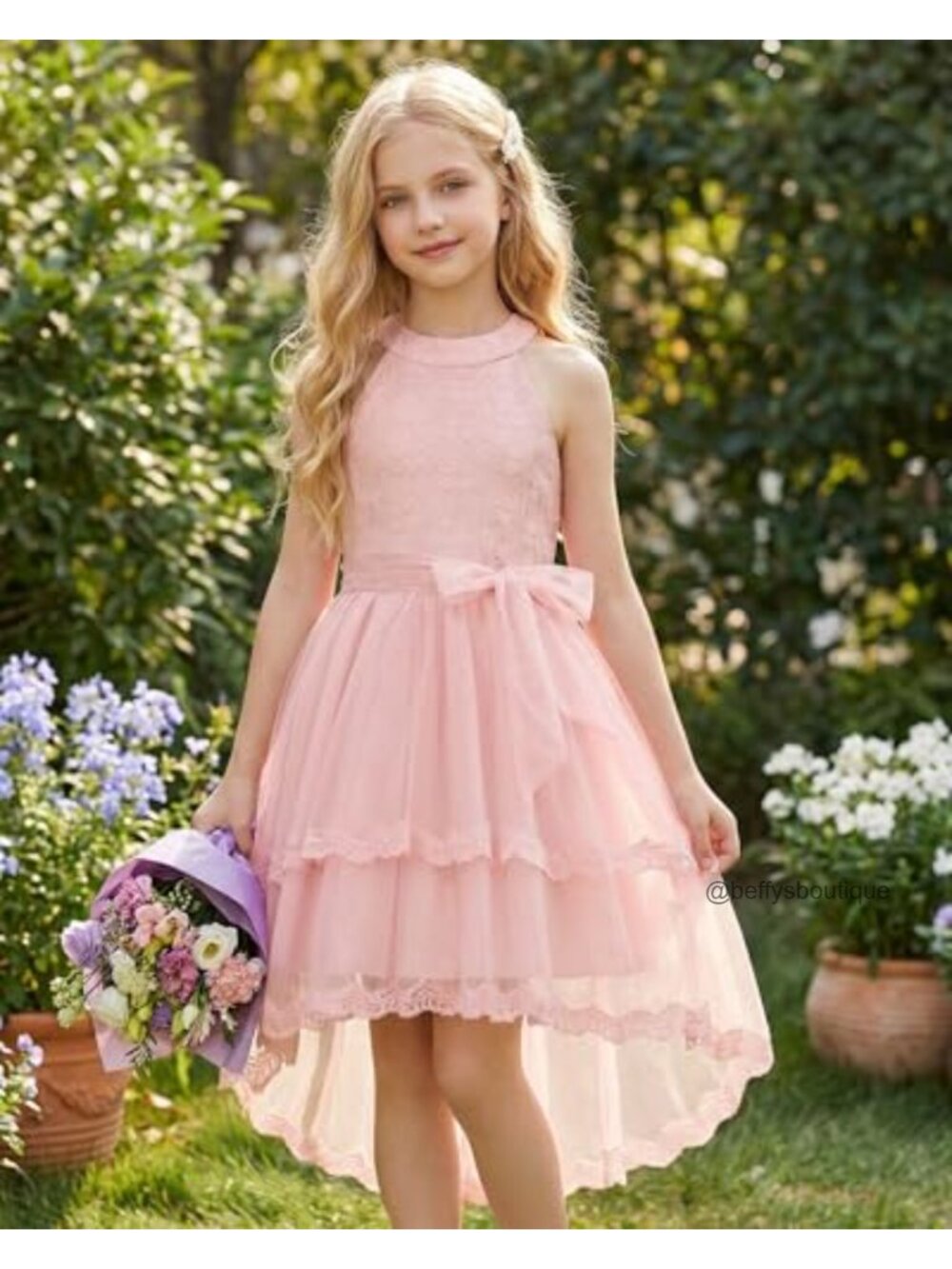 Flower Girl Dress Kids Wedding Lace Tulle Princess High Low Formal Party - Picture 4 of 6
